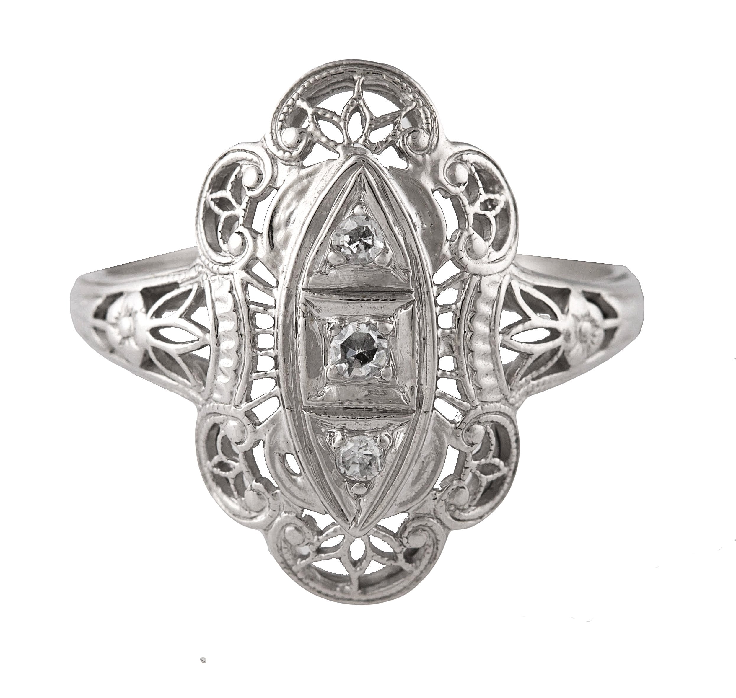 Ladies Antique Art Deco 14K White Gold 0.08ctw Diamond Filigree Floral Ring