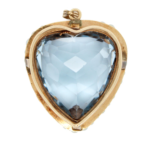 Antique Art Deco 34ct Aquamarine Heart Pendant with Pearls in 14k Yellow Gold