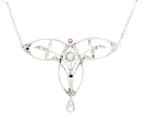 Antique Art Nouveau 1ctw Old European Cut Diamond Pendant 16" Platinum Necklace