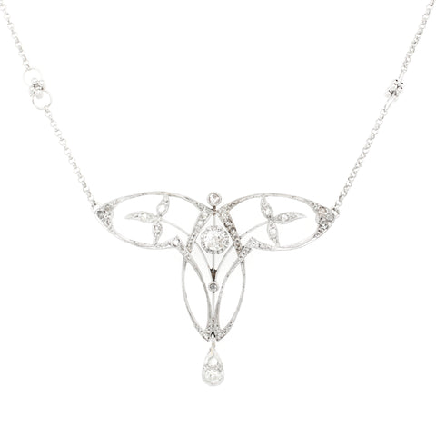 Antique Art Nouveau 1ctw Old European Cut Diamond Pendant 16" Platinum Necklace