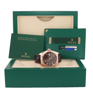 PAPERS Rolex Sky-Dweller 18K Rose Gold 326135 42mm Chocolate Dial Leather Watch