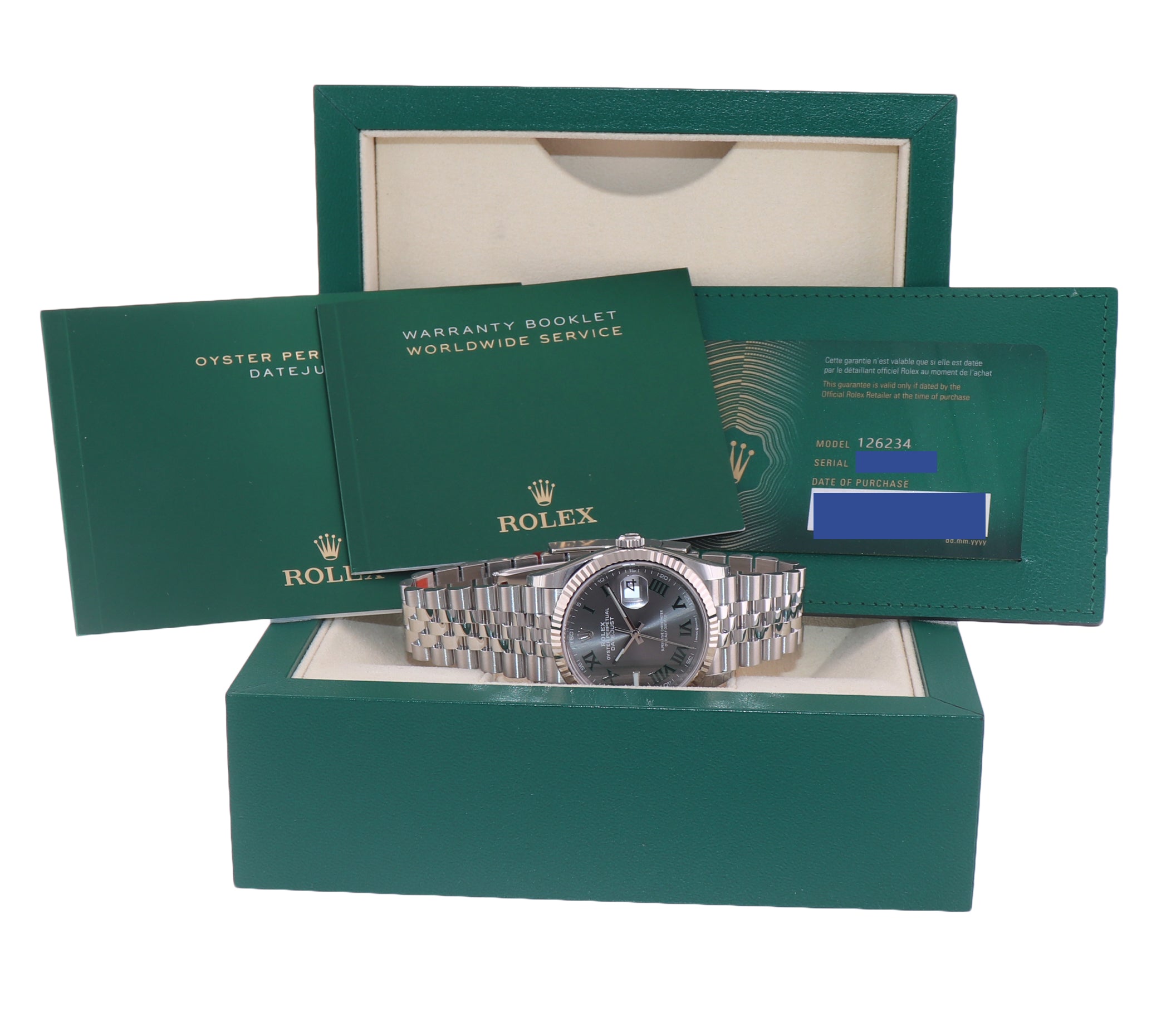 New 2022 Rolex DateJust Wimbledon Jubilee 126234 Steel White Gold Fluted Watch