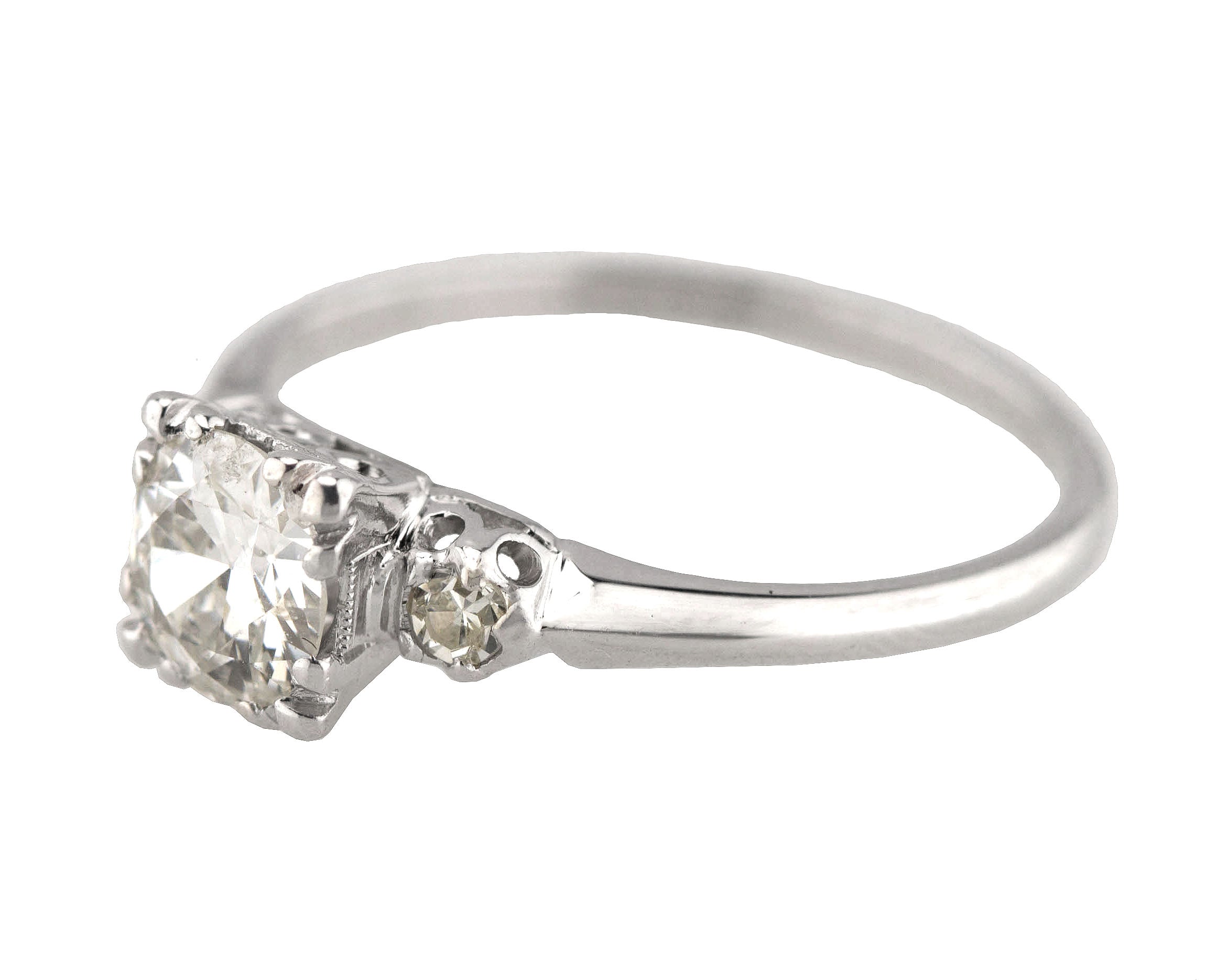 Antique Art Deco 18K White Gold 0.90 CT Old European Cut Diamond Engagement Ring