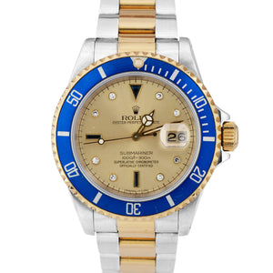 Rolex Submariner Date Two-Tone Gold Stainless Serti Champagne Watch 16613 B+P