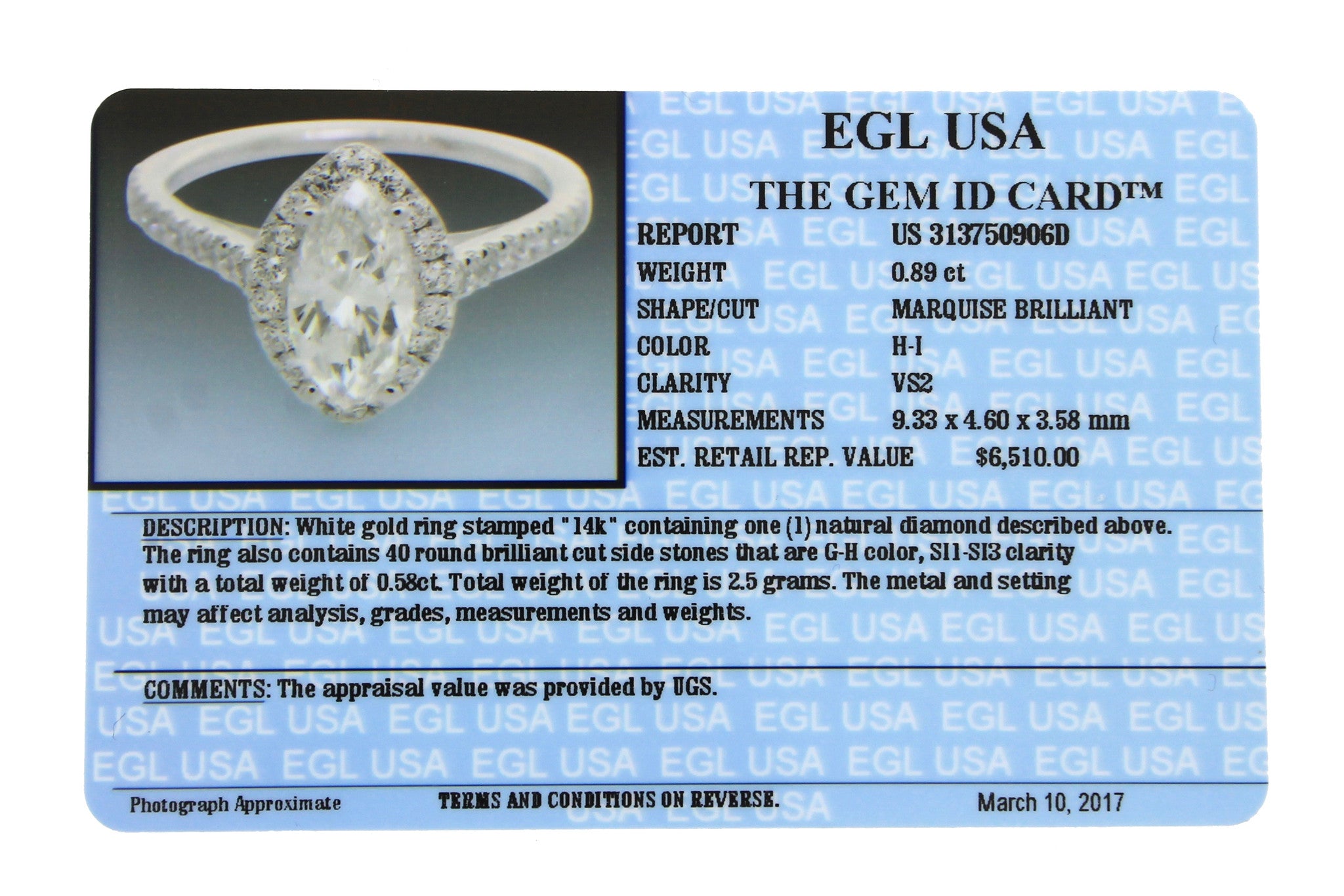 Ladies Modern 1.47ctw Marquise Damond 14K White Gold Engagement Ring EGL USA