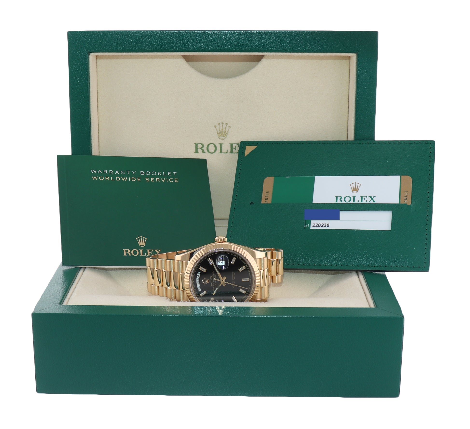 PAPERS Rolex President 40mm 228238 Yellow Gold Black Diamond Watch Box