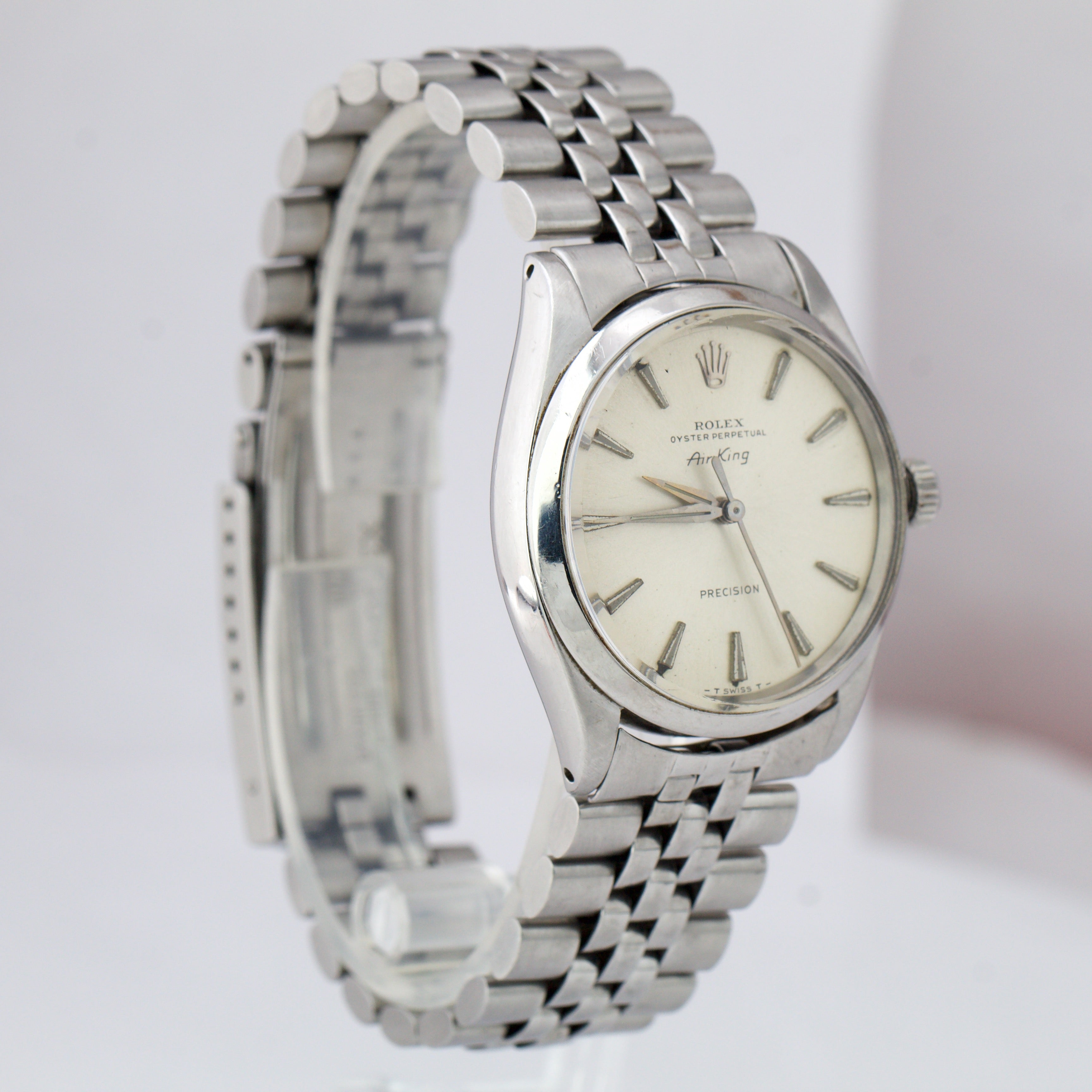 Vintage Rolex Air King Silver Patina Stainless 34mm Jubilee Automatic Watch 5500