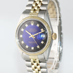 Rolex DateJust 36mm 1601 Two Tone Vignette Blue Black Diamond Dial Jubilee Watch
