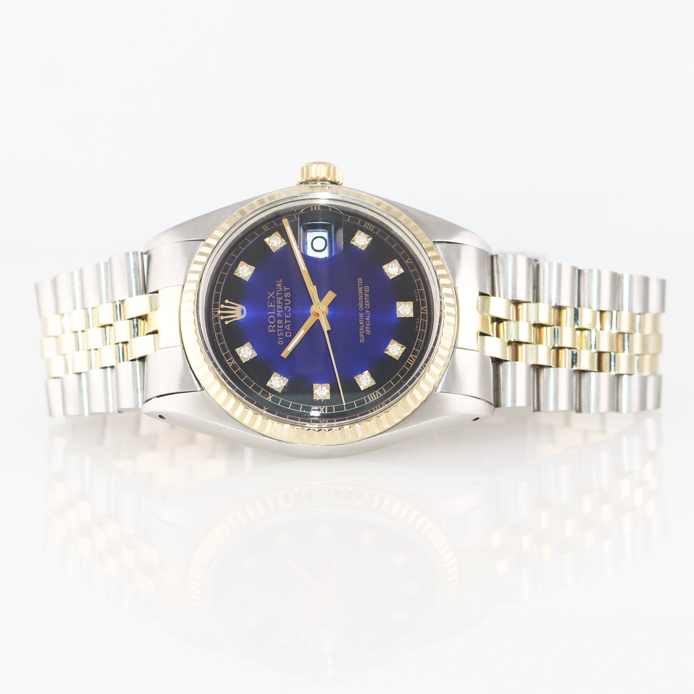 Rolex DateJust 36mm 1601 Two Tone Vignette Blue Black Diamond Dial Jubilee Watch