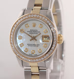 MINT Ladies Rolex DateJust 69173 White MOP Diamond 26mm Two-Tone Oyster Watch
