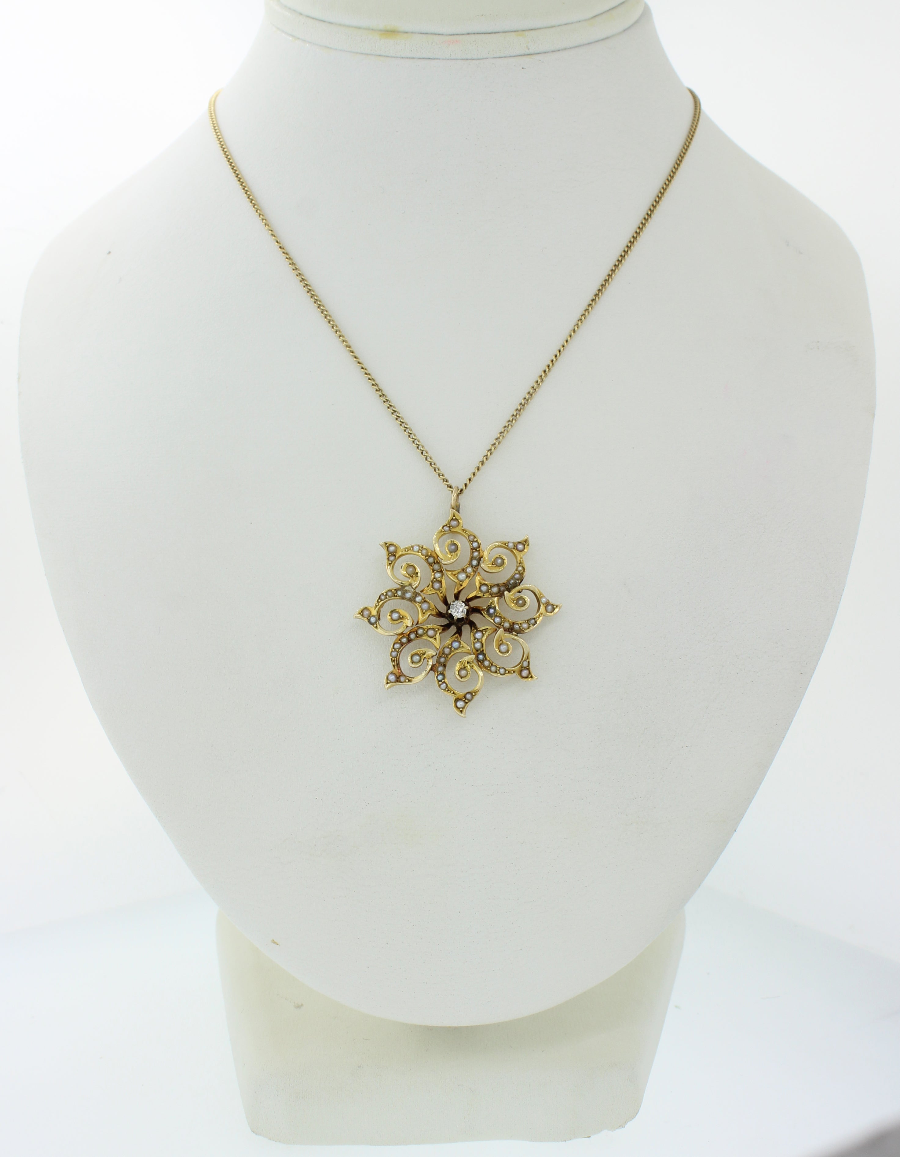 1920s Antique Art Deco Nouveau 14k Yellow Gold Diamond Seed Pearl Pendant