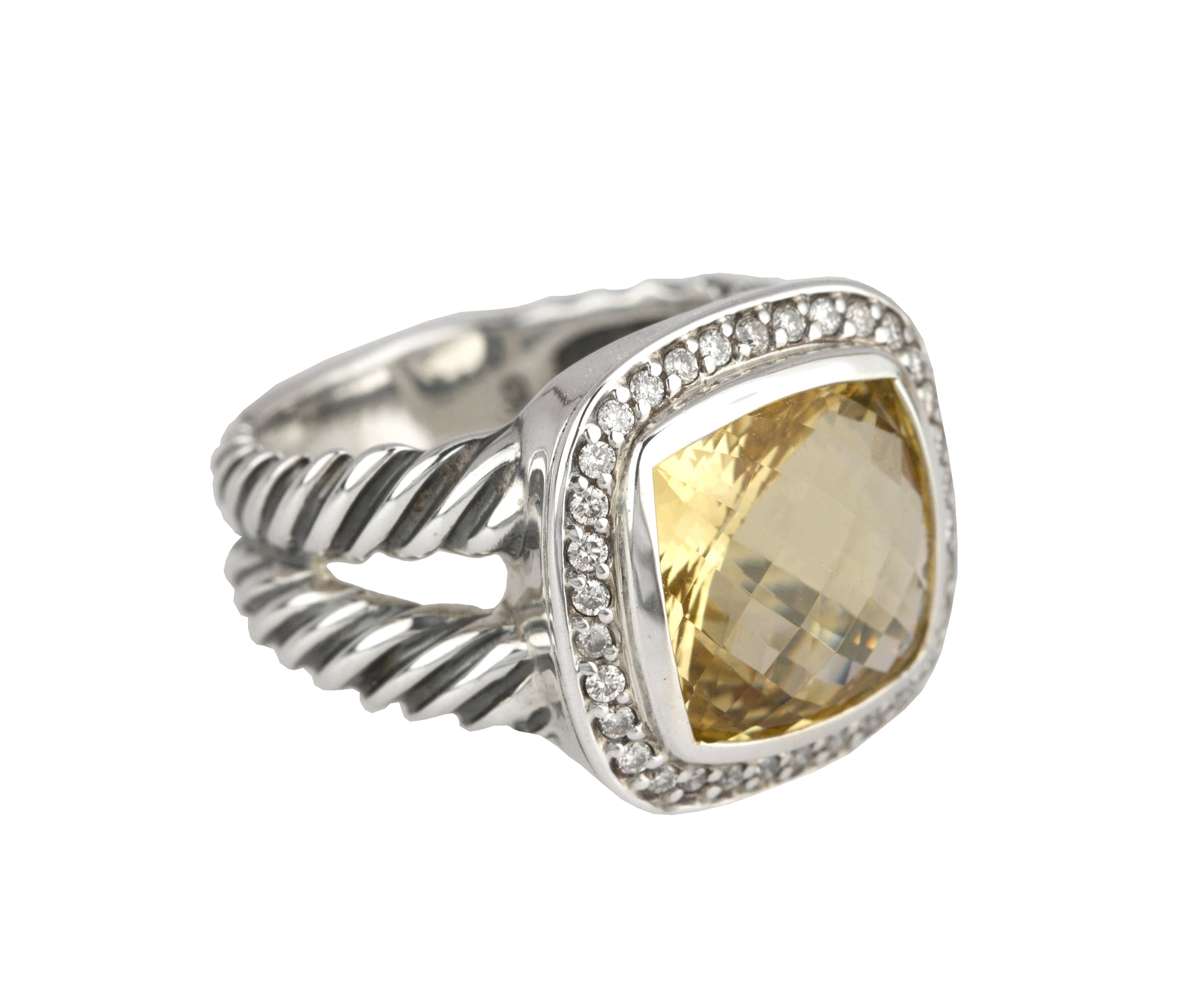 David Yurman 925 Sterling 18K Gold Albion Champagne Citrine 14mm Diamond Ring