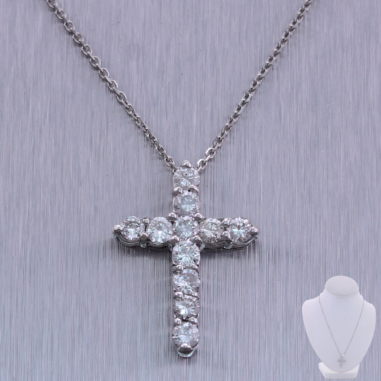 Modern 14k White Gold 1.10ctw Diamond Cross 20" Necklace