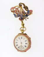 Antique Victorian Solid 18k Yellow Gold Enamel Flower Diamond Pocket Watch Brooc