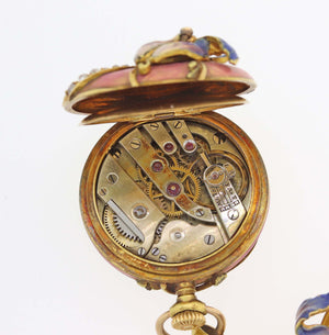 Antique Victorian Solid 18k Yellow Gold Enamel Flower Diamond Pocket Watch Brooc