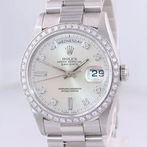 PAPERS Rolex Day-Date President 18346 Silver Diamond Bezel 36 Platinum Watch RSC