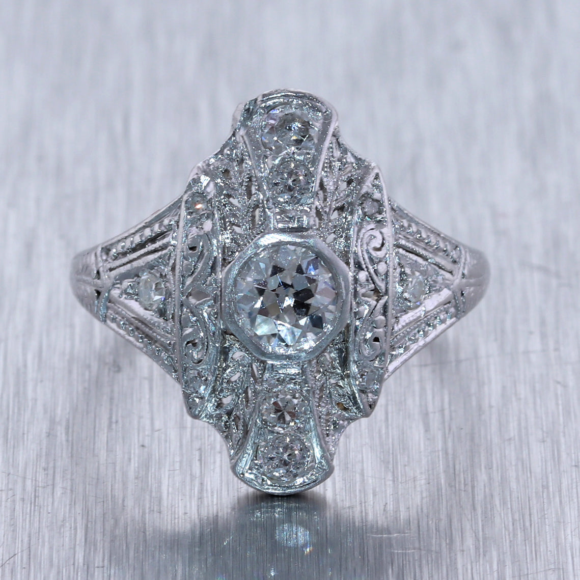 1930's Antique Art Deco 18k White Gold 0.78ctw Diamond Cluster Ring