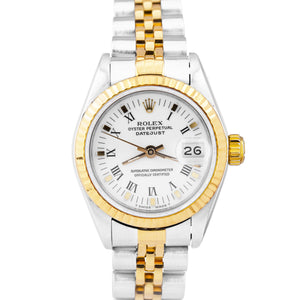Ladies Rolex DateJust 26mm 18K Gold Two-Tone White Roman Jubilee Watch 69173 B+P