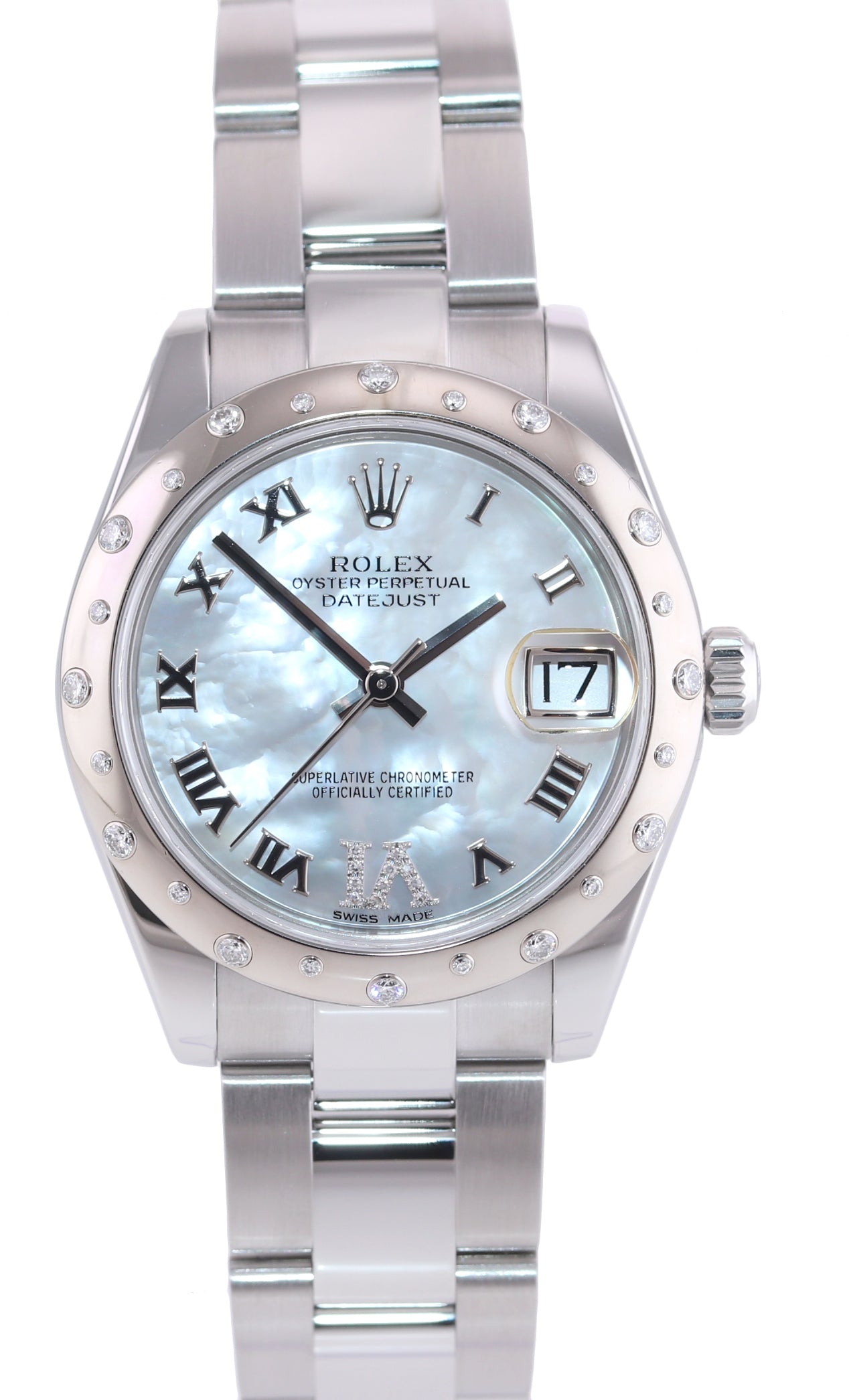 Ladies Rolex DateJust 31mm MOP Diamond Roman Oyster 178344 Steel Watch Box