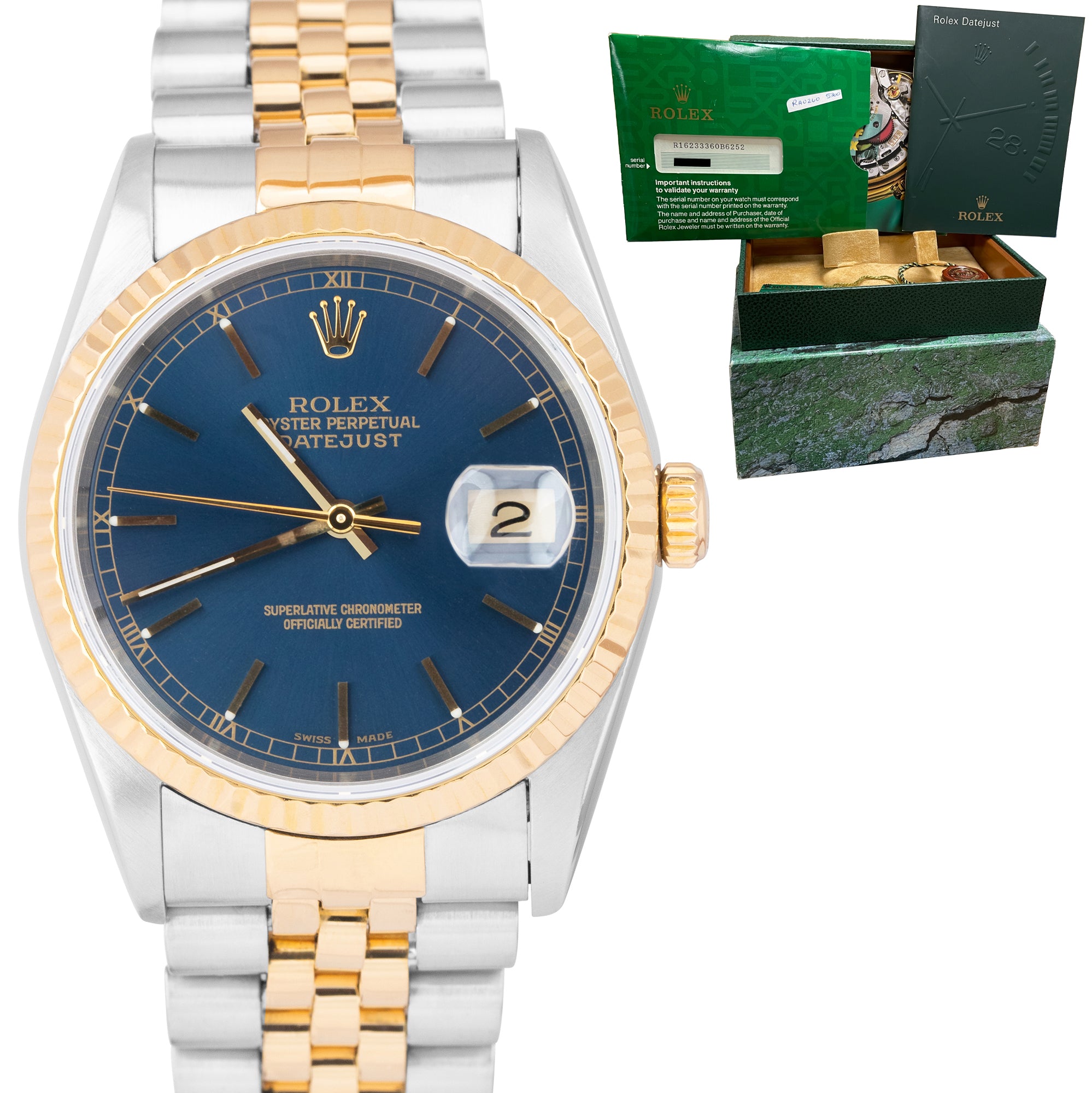 Rolex DateJust 36mm Blue Two-Tone 18K Gold NO-HOLES CASE Jubilee Watch 16233 B+P