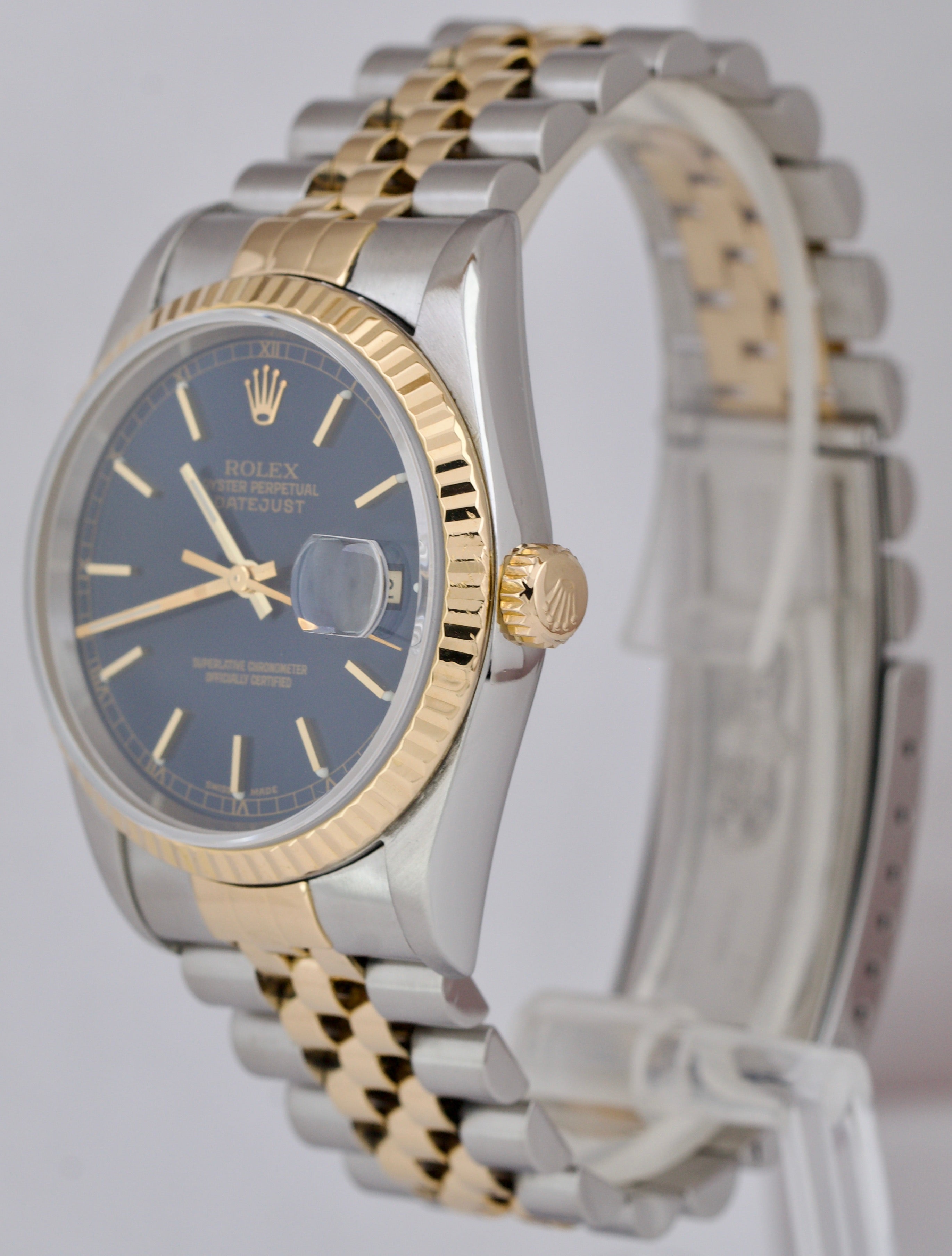 Rolex DateJust 36mm Blue Two-Tone 18K Gold NO-HOLES CASE Jubilee Watch 16233 B+P