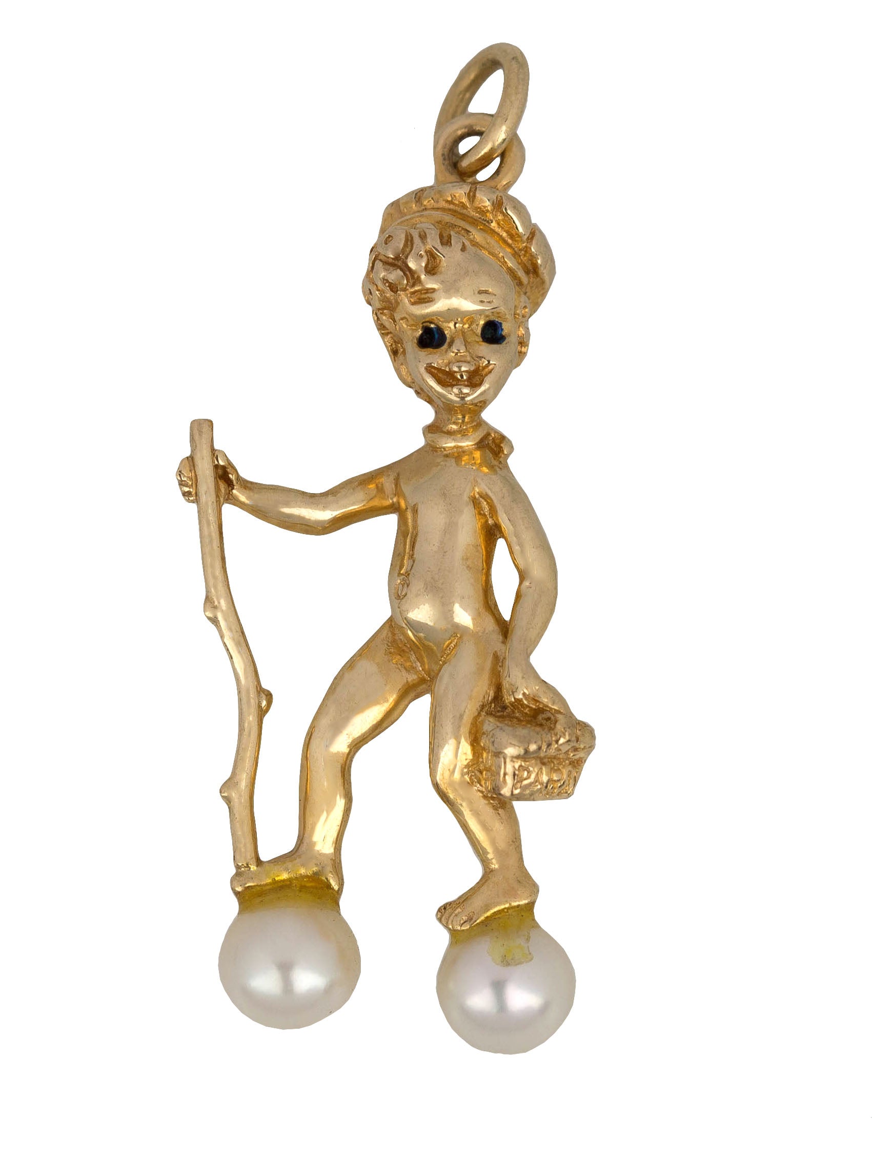 14K Solid Yellow Gold Hiking Stick Boy Figurine Pearl Charm Pendant 5.3gr
