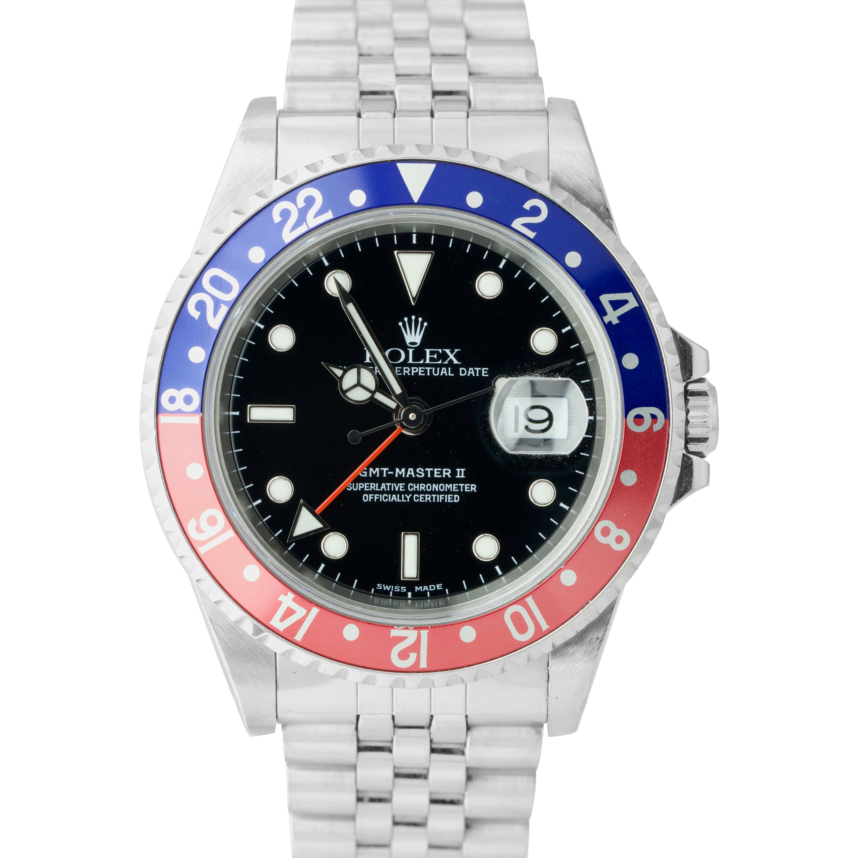 UNPOL. Rolex GMT-Master II FACTORY JUBILEE 40mm Pepsi Blue Red Watch 16710