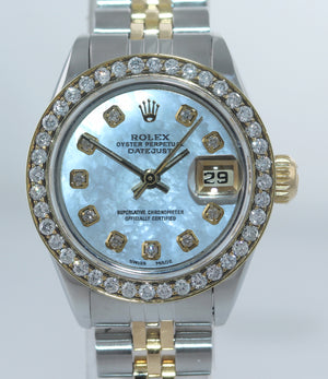 Ladies Rolex DateJust 26mm 69173 Two Tone Gold Steel Diamond MOP Dial Watch Box