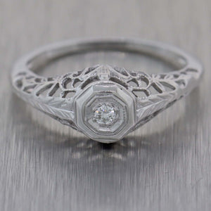 1930's 18k White Gold Filigree Diamond Engagement Ring