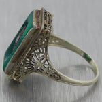 1930's Antique Art Deco 14k White Gold Green Onyx & Diamond Filigree Ring