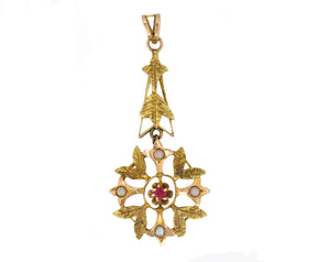 Ladies Antique Victorian 14K Yellow Gold Ruby Seed Pearl Drop Pendant