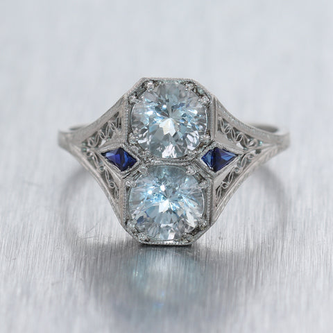1920's Antique Art Deco Platinum 2.60ctw Aquamarine & Sapphire Filigree Ring