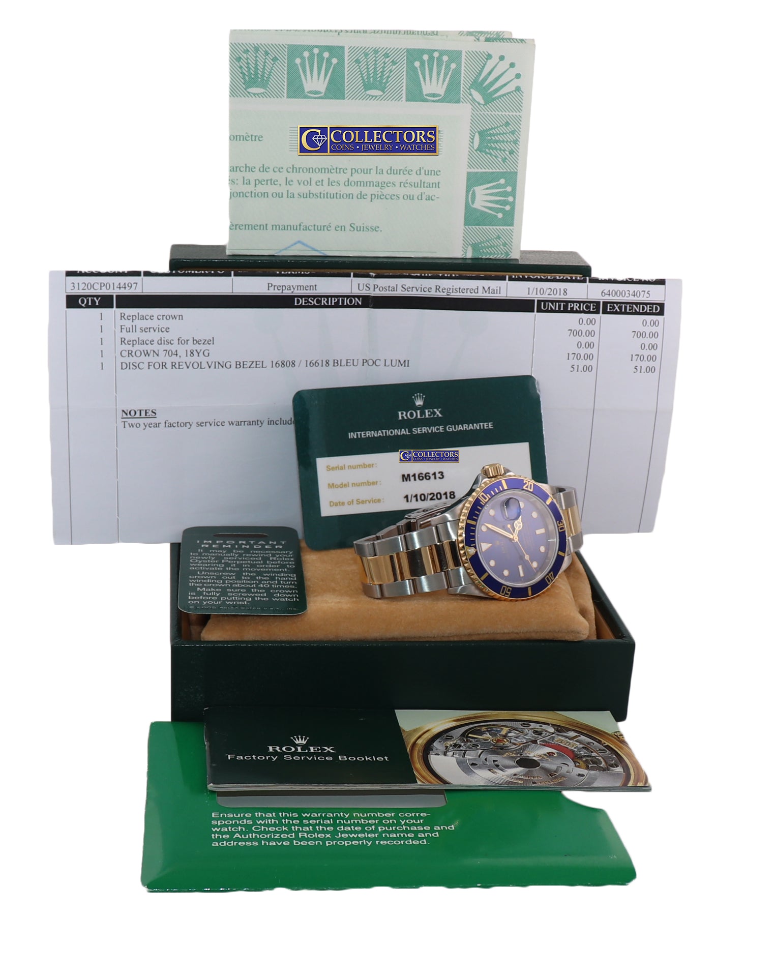 RSC PAPERS Rolex Submariner 16613 Two Tone Gold Blue Dial 40mm Watch Box