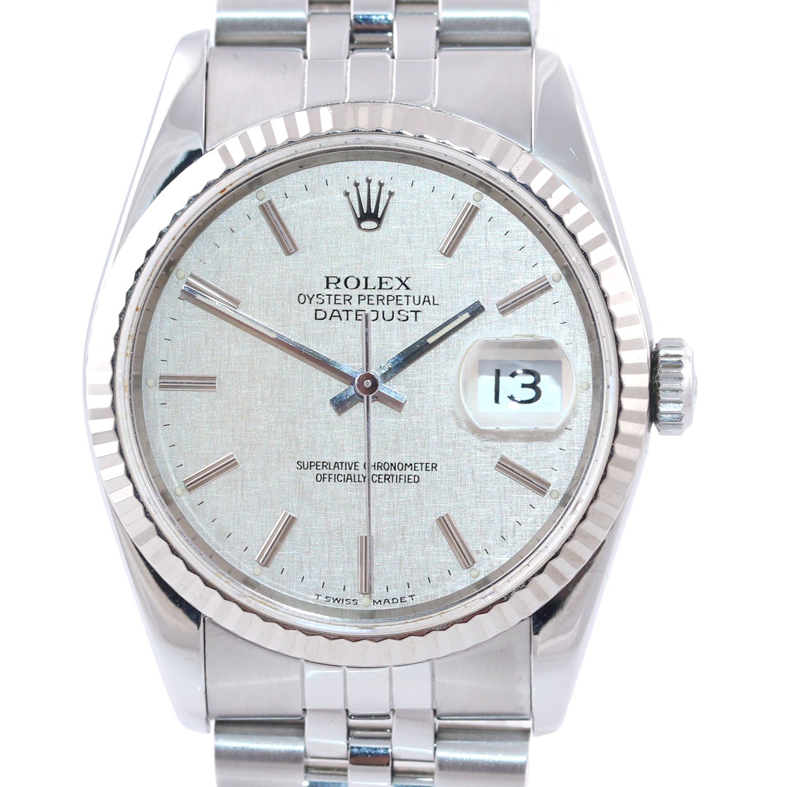 MINT Rolex DateJust 36mm 16234 Steel Silver Linen Jubilee 18k Fluted Bezel Watch