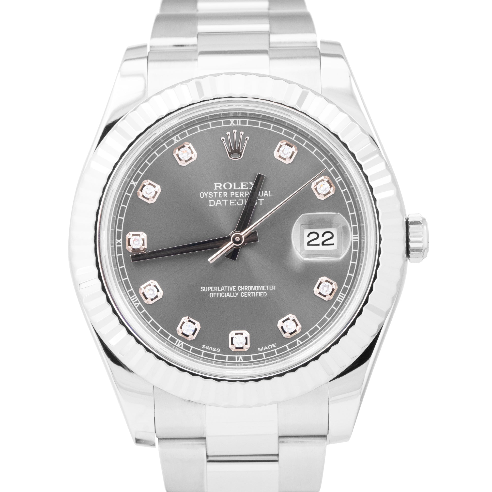 Rolex DateJust II 41mm Rhodium DIAMOND 41mm Fluted Oyster Steel Watch 116334