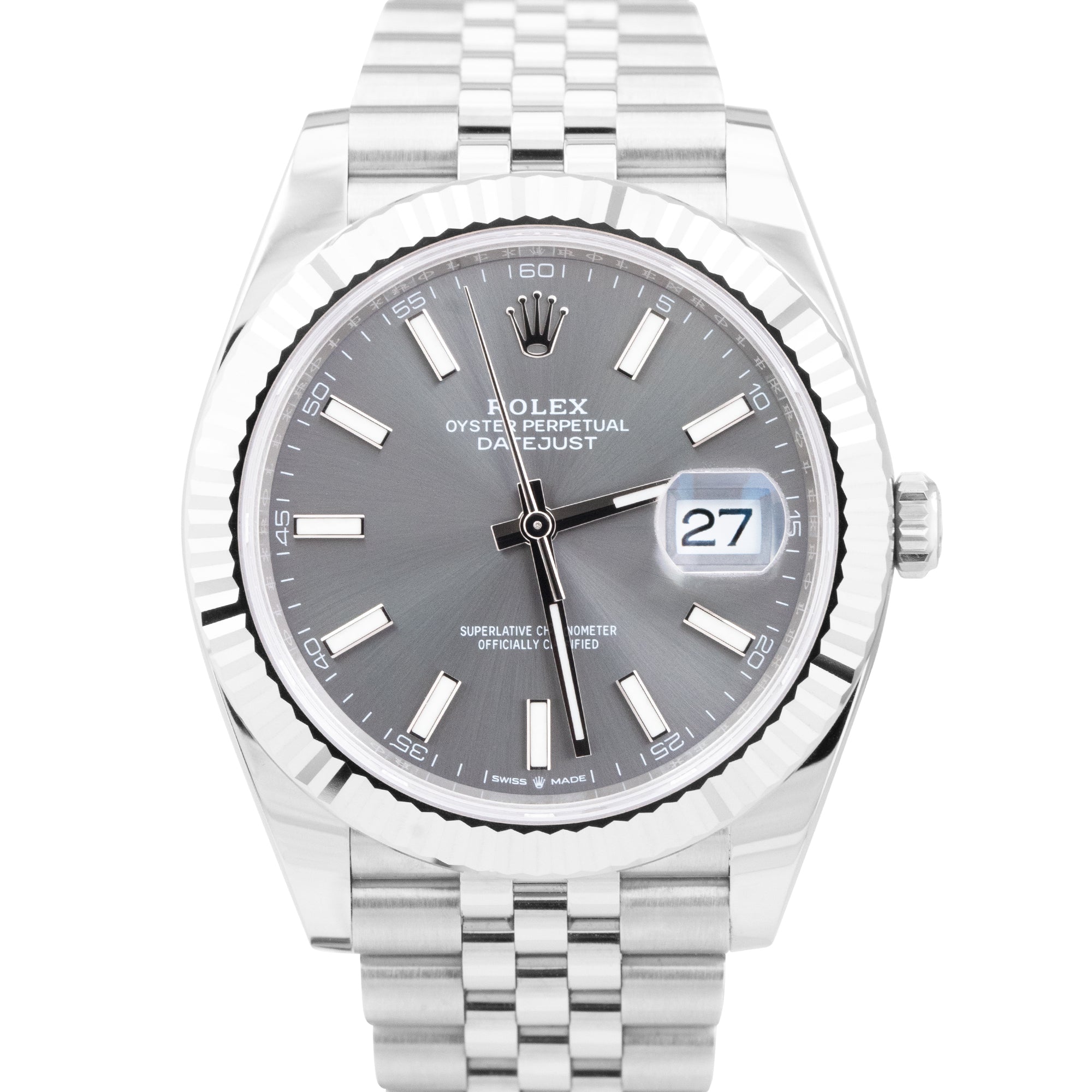 2021 Rolex DateJust 41 Rhodium Slate Fluted Stainless Jubilee Watch 126334 B+P