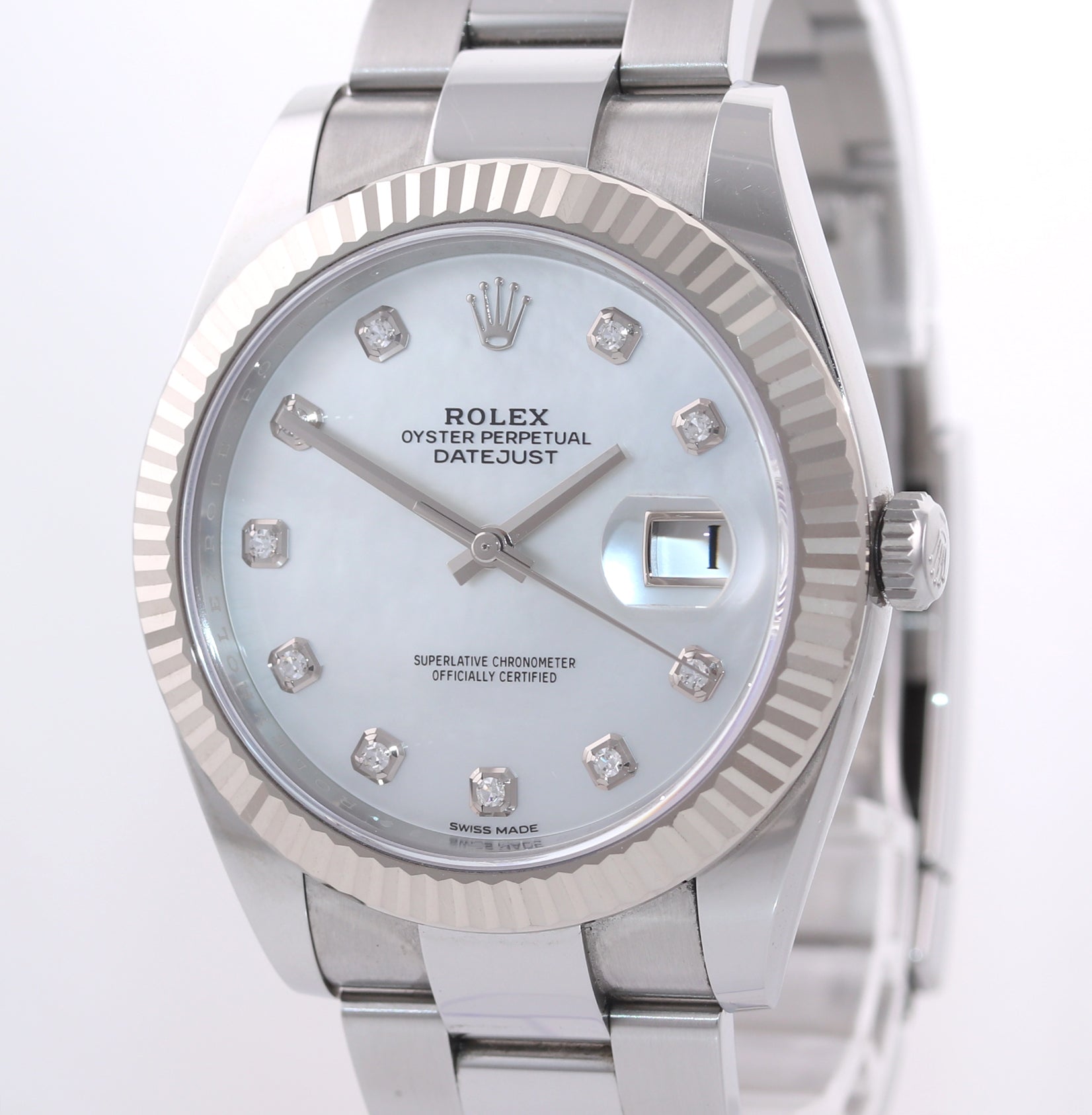 2017 PAPERS Rolex DateJust 41 MOP Mother of Pearl Diamond Fluted 126334 Watch