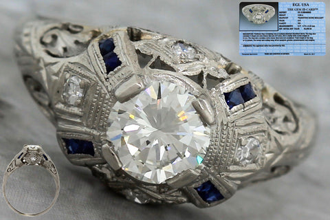 Art Deco Filigree Platinum 0.80ctw Diamond Sapphire Engagement Ring EGL USA