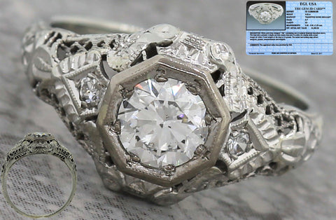 $4,380 Antique Art Deco 18K Gold 0.63ct Diamond Filigree Engagement Ring EGL USA