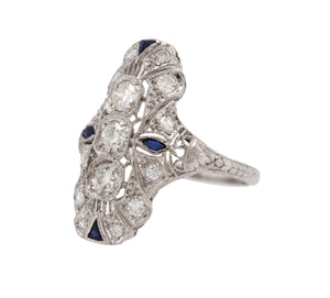1930's Antique Art Deco Platinum 0.85ctw Diamond Sapphire Filigree Dinner Ring