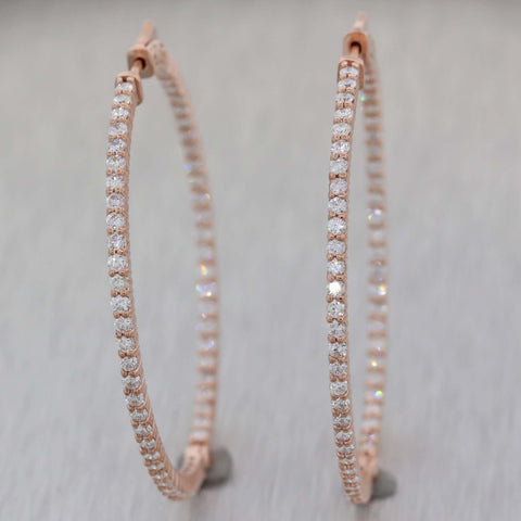 Modern Thin 14k Rose Gold 2.36ctw Diamond In & Out Hoops