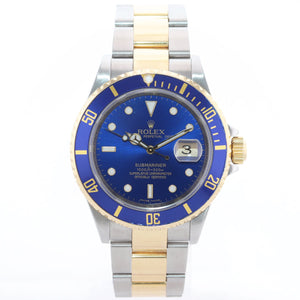 2008 GOLD BUCKLE Rolex Submariner 16613 Gold Steel Blue Watch Box Rehaut Model