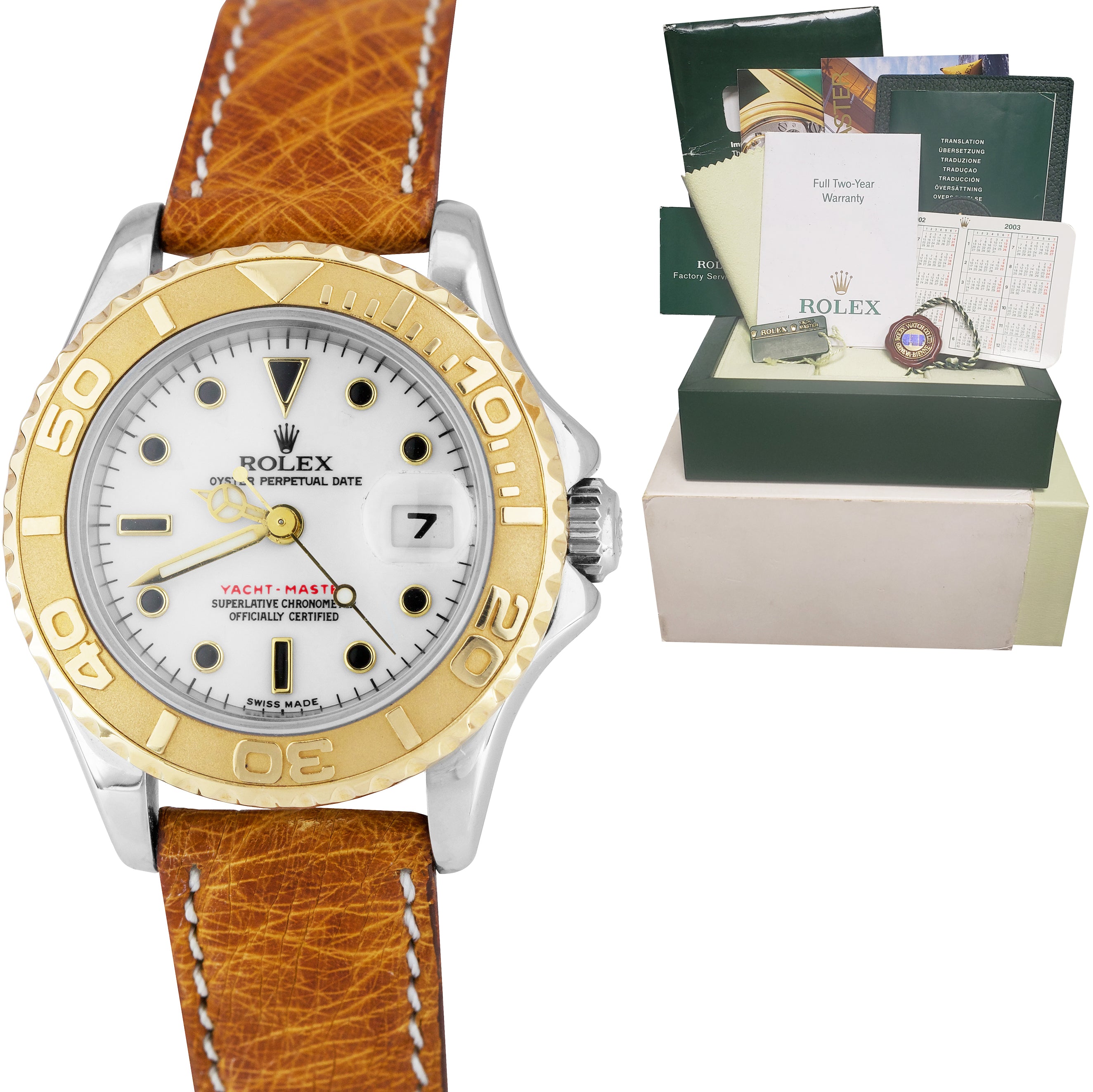 Ladies Rolex Yacht-Master 29mm 18K Gold Two-Tone White Stainless Watch 169623