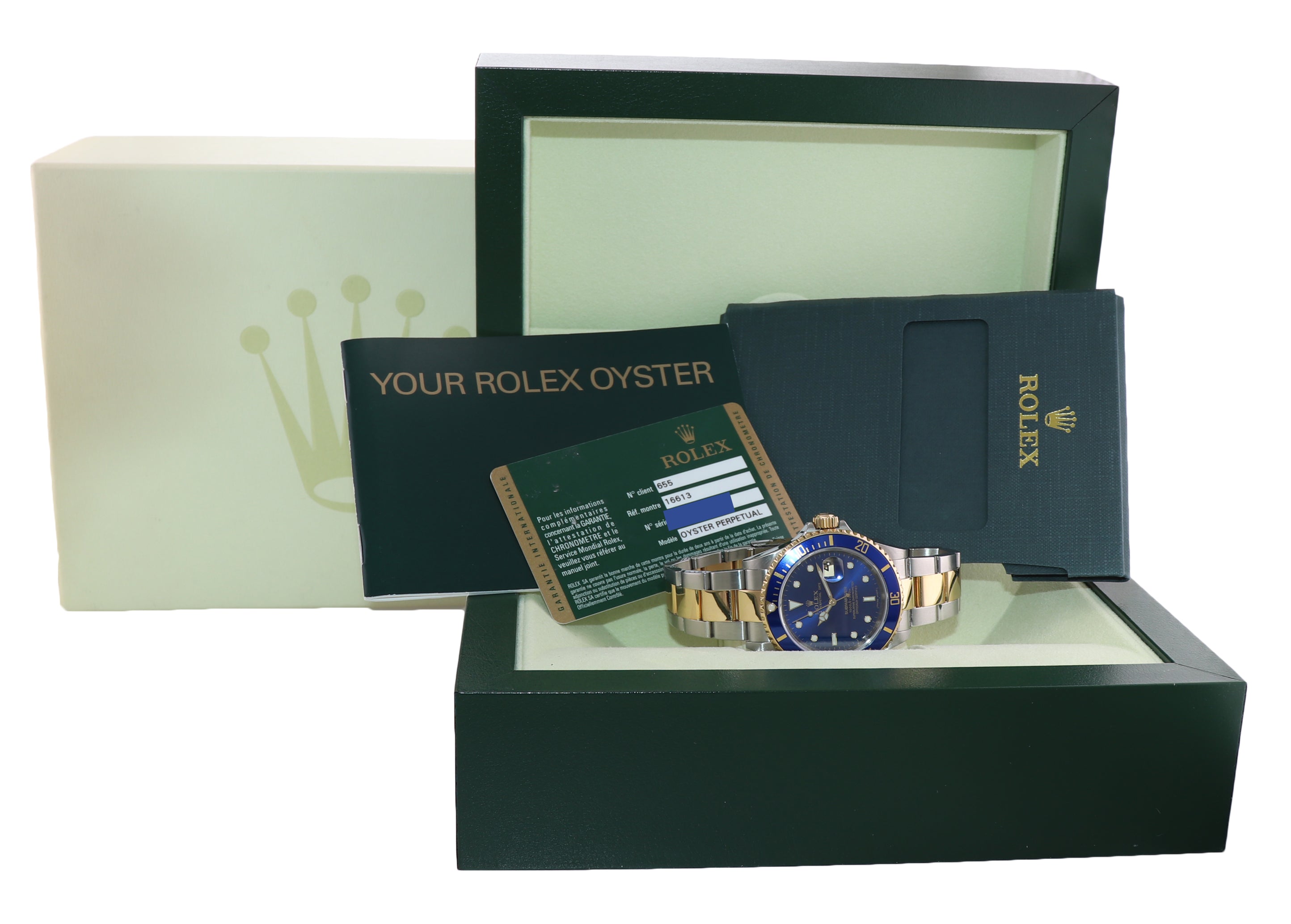 2008 Papers Rehaut Rolex Submariner 16613 Gold Steel Blue Watch Box Gold Buckle