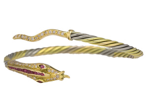 Antique 18K 750 Yellow/White Gold 1.14ctw Diamond Ruby Snake Bangle Bracelet