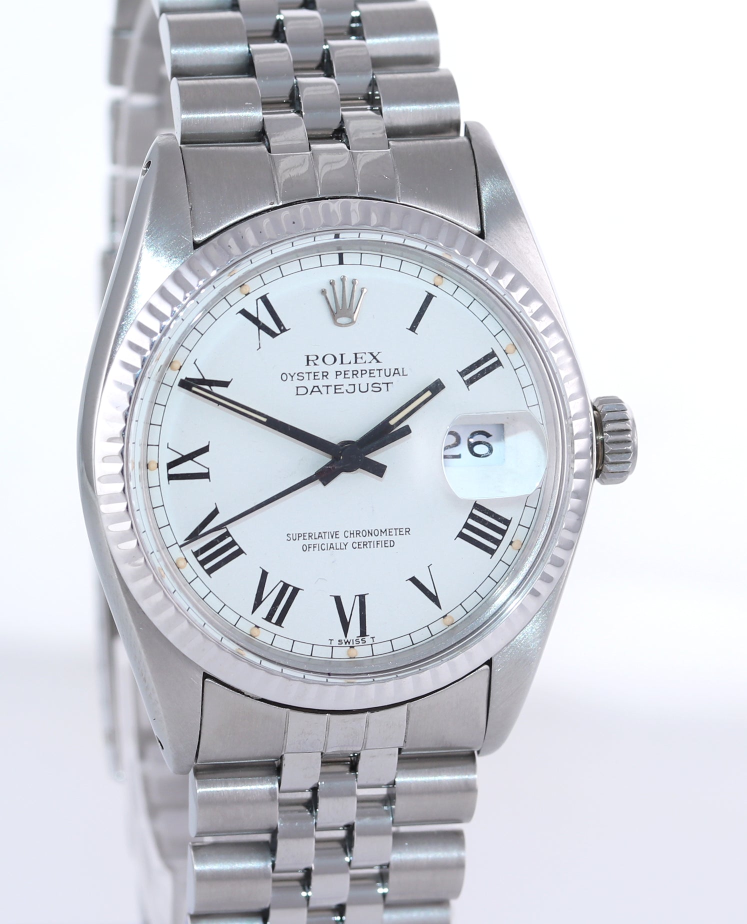 Rolex DateJust 36mm 16014 Steel White Buckley Roman Dial White Gold Fluted Watch