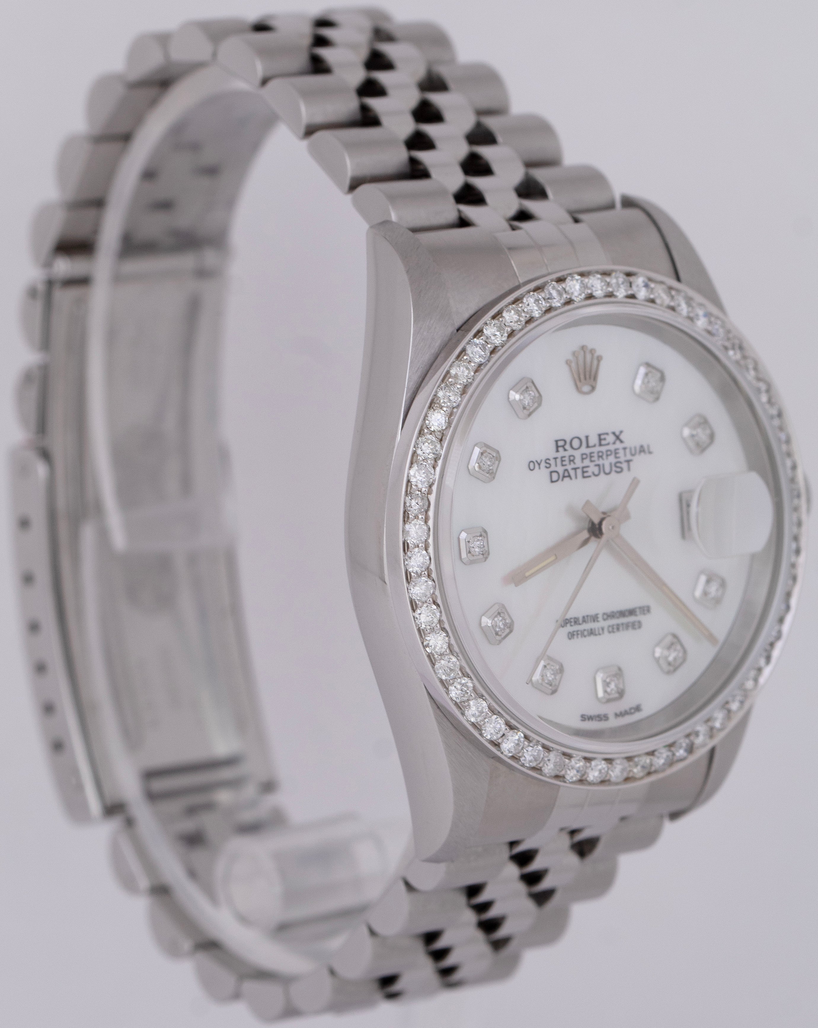 MINT PAPES Rolex DateJust DIAMOND Mother Of Pearl 36mm NO-HOLES Watch 16220 B+P