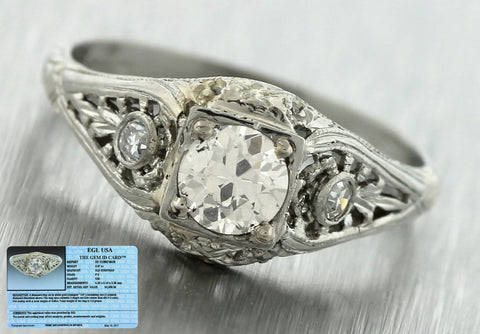 Antique Art Deco Estate 18K White Gold .63ctw Diamond Filigree Engagement Ring