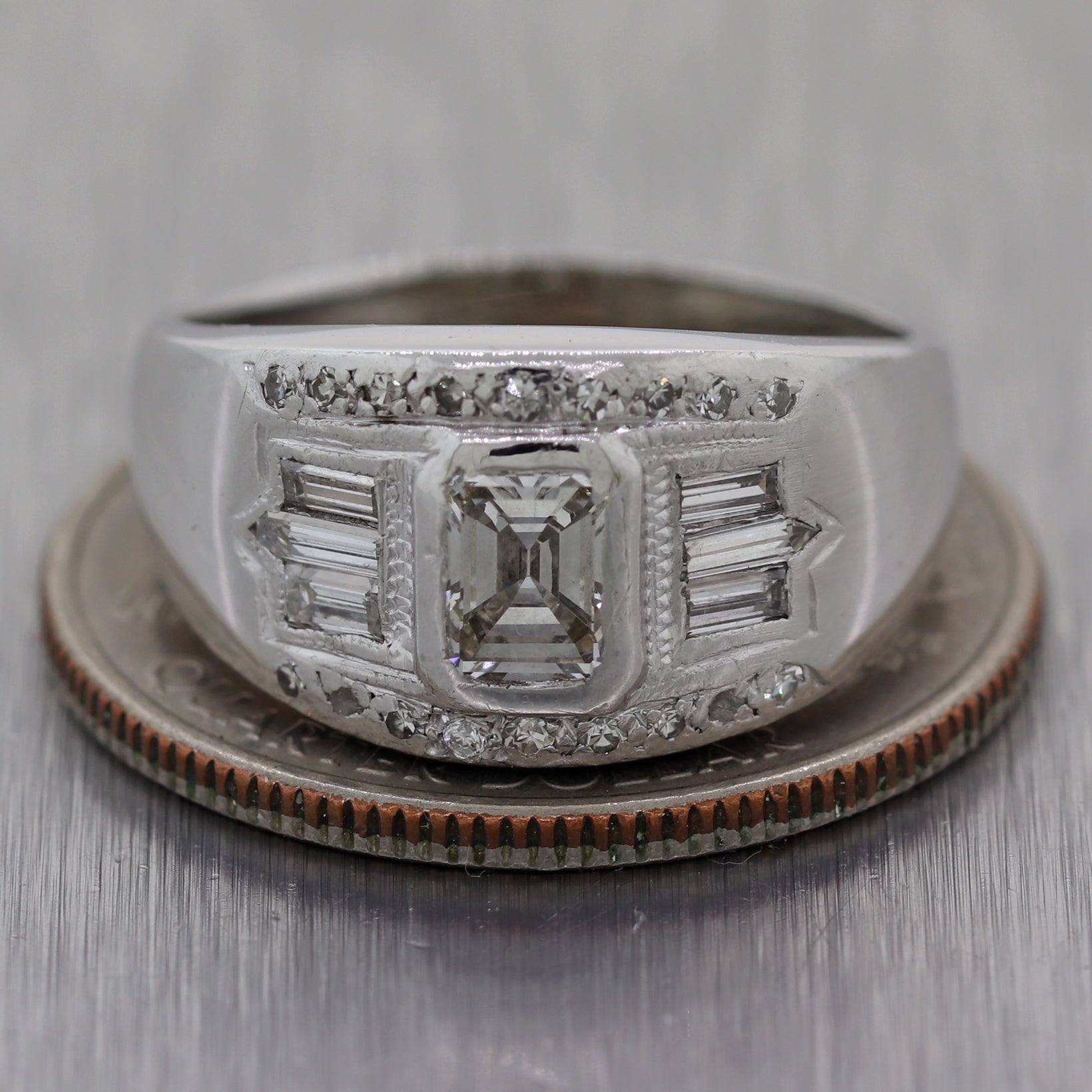 1930's Antique Art Deco Platinum 0.85ctw Baguette & Emerald Cut Diamond Ring