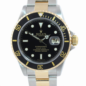 MINT 2005 NO HOLES Rolex Submariner 16613 Two Tone  Gold Black SEL Watch BOX
